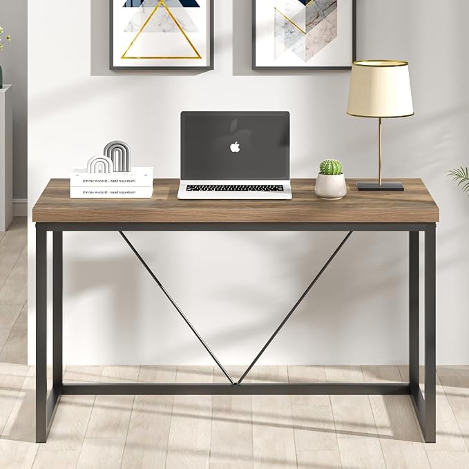 FOLUBAN Modern Home Office Desk, Rustic Wood and Metal Computer Desk, Industrial Study Writing Gaming Table Workstation, Vintage Laptop PC Desk, Oak 47 Inch