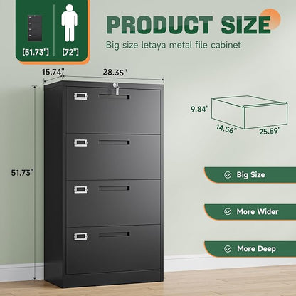 Letaya 4 Drawer File Cabinets with Lock,Metal Lateral Filing Storage Cabinet Printer Stand,Black Steel Home Office Cabinet for Hanging Files Letter/Legal/A4 Size (Black, H51.73×W28.35×D15.74)