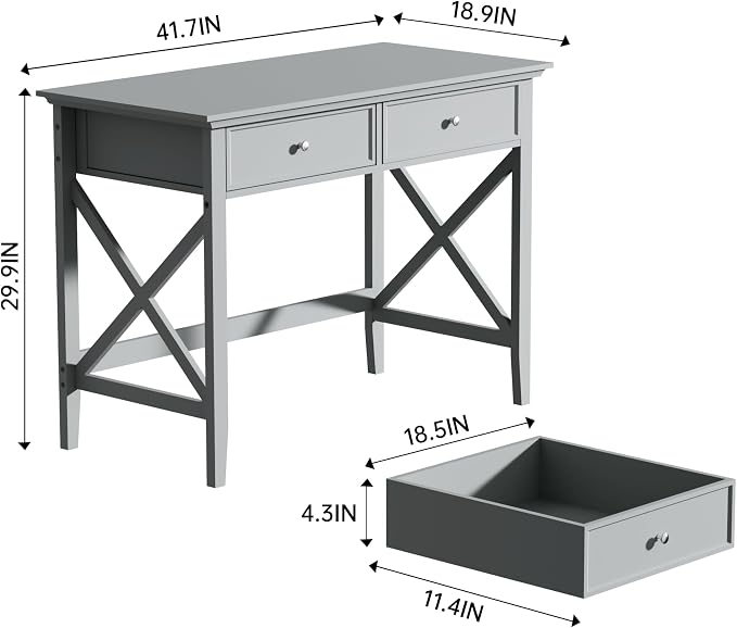 Lewahom Computer Desk with 2 Drawers, Elegant Home Office Writing Study Desk with Storage, Modern Simple Vanity Desk Console Table for Living Room, Grey