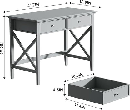 Lewahom Computer Desk with 2 Drawers, Elegant Home Office Writing Study Desk with Storage, Modern Simple Vanity Desk Console Table for Living Room, Grey