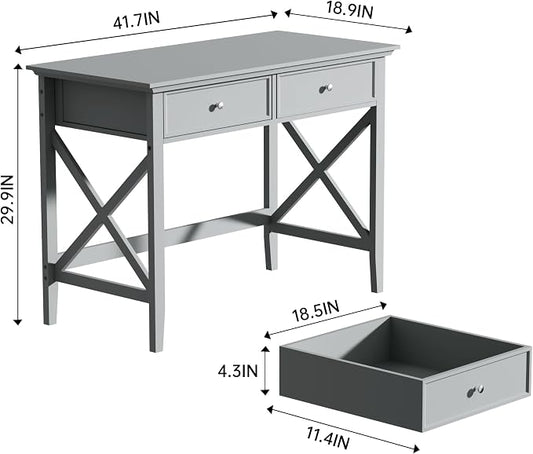 Lewahom Computer Desk with 2 Drawers, Elegant Home Office Writing Study Desk with Storage, Modern Simple Vanity Desk Console Table for Living Room, Grey