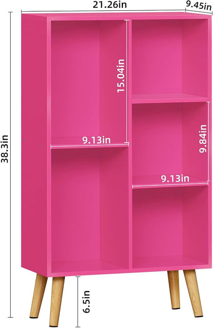 LEYAOYAO 5 Cube Bookshelf, 3-Tier Bookcase with Legs, Pink Kids Book Shelf Cute Storage Organizer, Free Standing Open Toy Shelves Modern Bookshelves,Wood Display Bookcases for Bedroom,Living Room