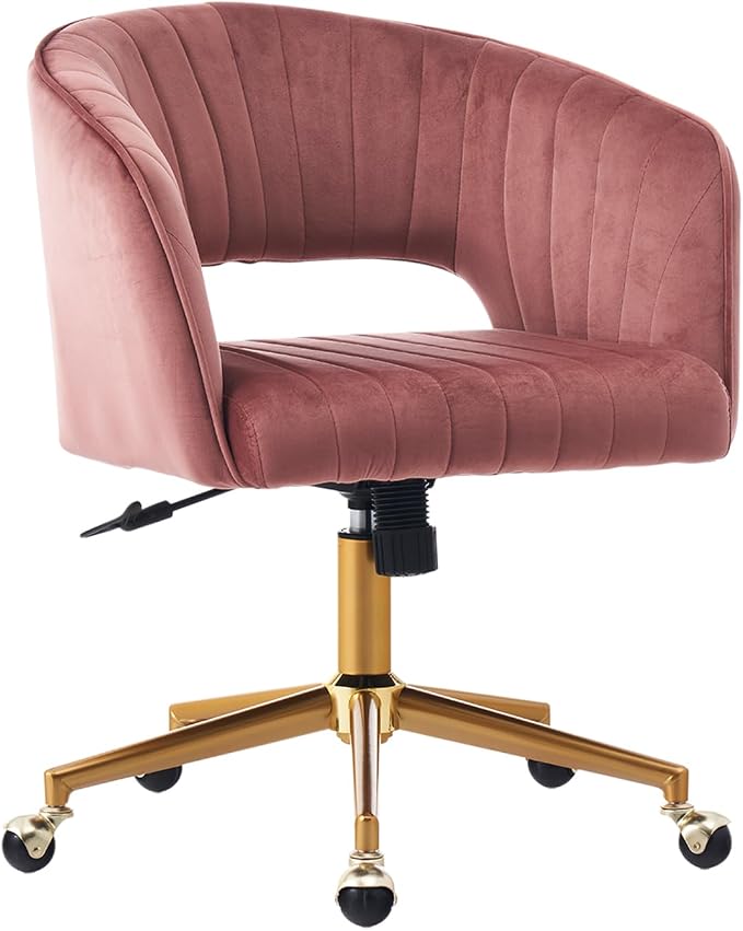Vanity Chair with Back 360 Swivel Armchair and Gold Base, Criss Cross Chair with Wheels for Vanity Home Office, Living Room, Bedroom and Study (Pink)
