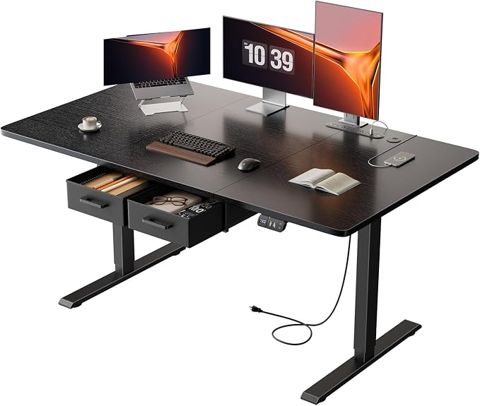 HLDIRECT 55" Electric Standing Desk with Outlets & 2 Drawers, Black | 31.5" extra-wide desktop, 176lb, 28.35"- 46.06" height range, 3 memory presets, home office ergonomic workstation