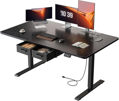 HLDIRECT 55" Electric Standing Desk with Outlets & 2 Drawers, Black | 31.5" extra-wide desktop, 176lb, 28.35"- 46.06" height range, 3 memory presets, home office ergonomic workstation