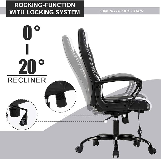 Gaming Chair Office Chair Desk Chair Massage Ergonomic PU Leather Racing Chair with Lumbar Support Headrest Armrest Task Rolling Swivel Computer Chair for Women Adults Girls(White)