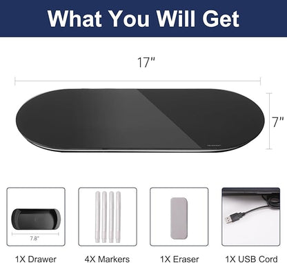 TSJ OFFICE Glass Desktop Whiteboard - 17 X 7 Inches Small Dry Erase Board with Pink Light, Black Glass White Board Surface Notepad with 1 Drawer, Desk Organizers for Office, Home, School Supplies