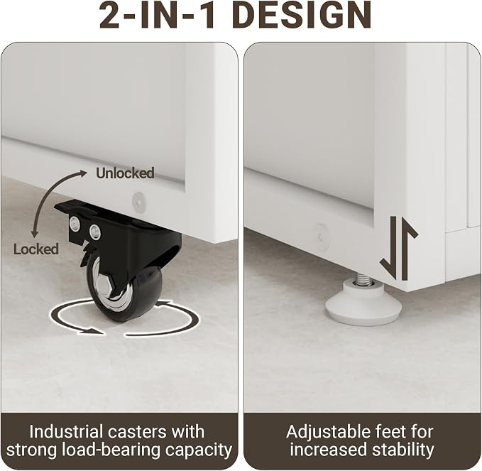Natwind 3 -Tier Rolling Printer Stand with Filing Cabinet,23.6"x15.8",White | Printer Table with Open Shelf and Drawer,Heavy-duty Home Office Storage on Lockable Wheels for 3d Printer,Scanner and Files