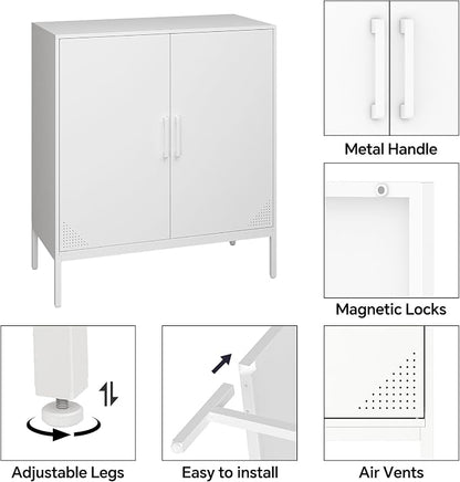Steehoom Metal Storage Cabinet with Adjustable Shelves, Steel Buffet Sideboard for Entryway, Garage, Dining Room, Kitchen, Office, Bar (White, 31.5" D x 15.75" W x 35.43" H)
