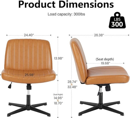 DUMOS Criss Cross Chair No Wheels, Wide Seat Cross Legged Office Desk Vanity Chair, Faux Leather Armless Height Adjustable Swivel Task Computer Chairs for Home, Study, Brown PU