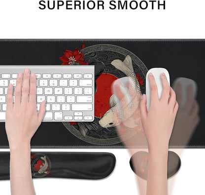 Desk Pad and Keyboard Wrist Rest, Large Mouse Pad + Keyboard Pad+Mouse Wrist Support, Non-Slip Desk Mat Protector for Office, Home 31.5×11.8 Inches Black and White Fish