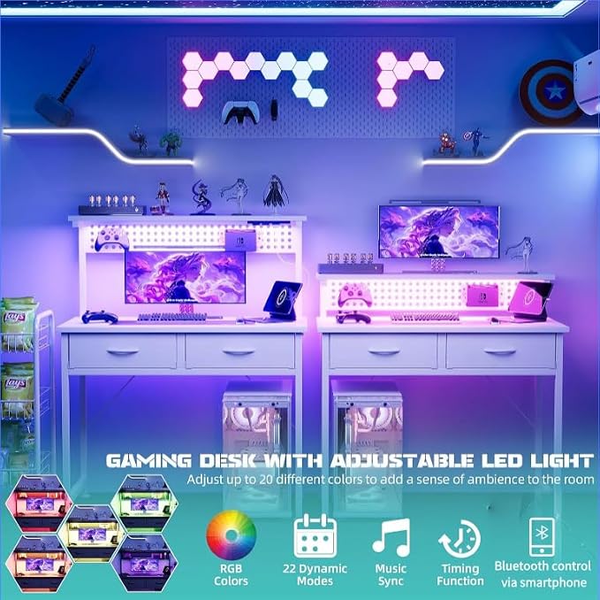 MUTUN Small Desk with Drawers, 31 Inch Computer Desk with Power Outlet & LED Light, Gaming Desk with Adjustable Monitor Stand & Pegboard, Modern PC Study Writing Table for Bedroom, White