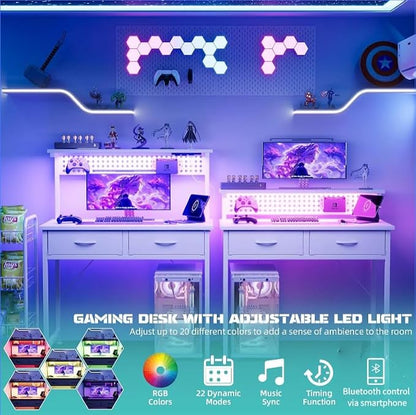 MUTUN Small Desk with Drawers, 31 Inch Computer Desk with Power Outlet & LED Light, Gaming Desk with Adjustable Monitor Stand & Pegboard, Modern PC Study Writing Table for Bedroom, White
