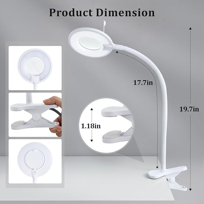 Clip On Magnifier Desk Lamp, Flexible Gooseneck, 2-in-1 Magnifying Glass 3X+6X Led Work Light for Reading, 3 Dimmable Office Magnifying Lamp, Hands Free Mag Desk Lamp for Crafts Sewing Needlepoint