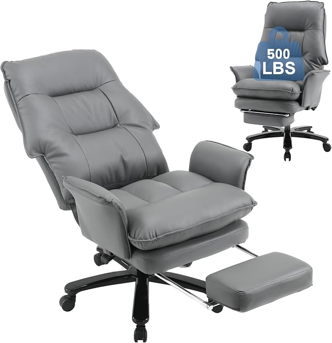 Big and Tall Office Chair 500LBS, Ergonomic Gaming Chair Reclining Office Chair with Foot Rest for Adult,Pu Leather Computer Desk Chair with Adjustable Armrests for Home Living Room,Grey