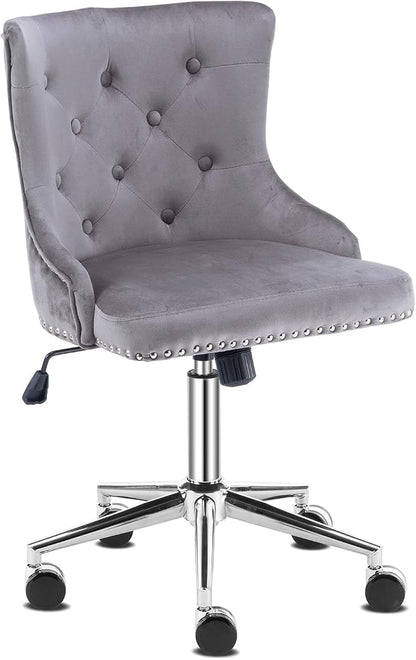 VINGLI Grey Velvet Armless Home Office Desk Chair with Silver Chrome Base/Wheels, Small Cute Vanity/Makeup Chair with Back for Bedroom, Upholstered Adjustable Rolling Swivel Nail Chair for Women/Girls