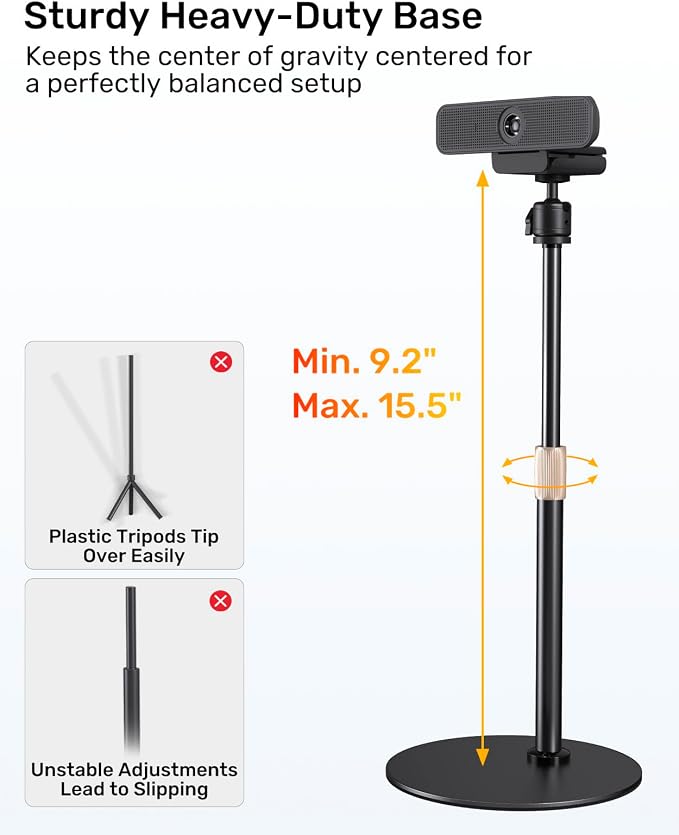 Upgraded Webcam Stand for Desk, Telescopic Webcam Tripod Mount with Ball Head, Compatible with Logitech Camera C922 C930e C920S C920 C615 C960 C920x BRIO 4K NexiGo N60, Phone Holder with 1/4" Thread