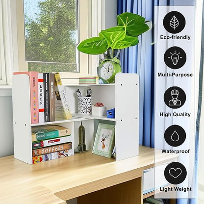 PAG Desk Organizer Desktop Shelf Adjustable Countertop Bookshelf Small Table Shelves Book Organizer Office Organization for Desk, White