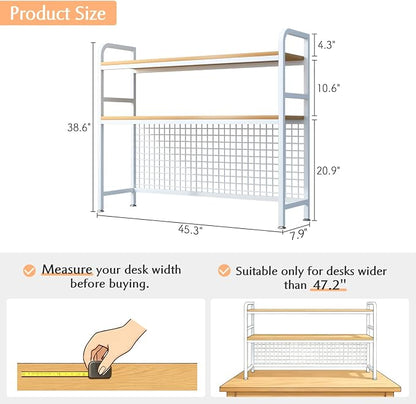 IOTXY 2-Tier Desktop Hutch Bookshelf - Metal Desk Shelf Bookcase with Grid Panel, Countertop Storage Organizer Rack for Dorm or Office, White, 45.3" W