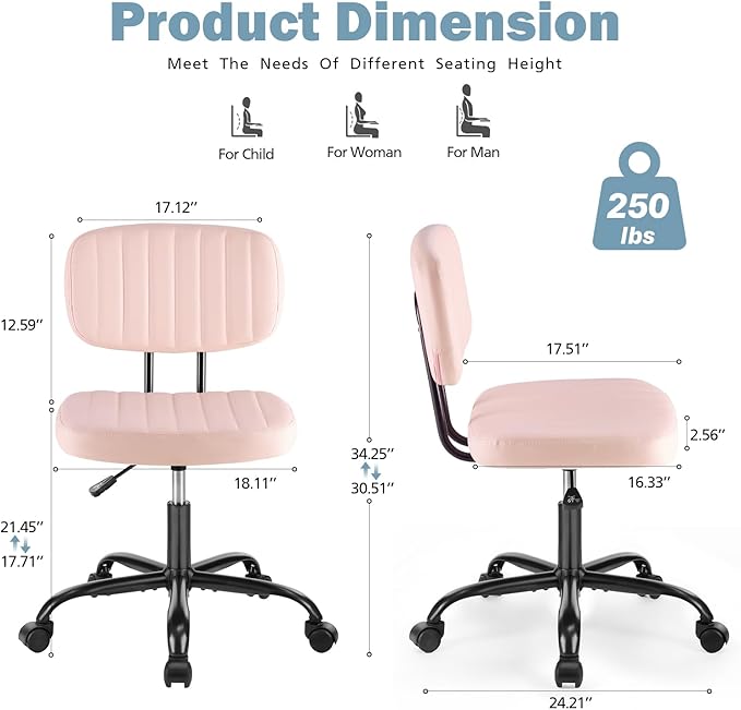 DUMOS Armless Home Office Chair: Small Desk Chair with Low Back Lumbar Support, Height Adjustable PU Leather Computer Task with 360° Swivel Wheels, for Adults, Pink