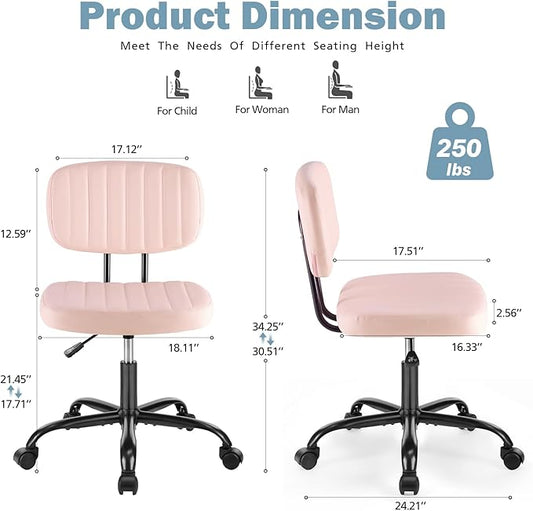 DUMOS Armless Home Office Chair: Small Desk Chair with Low Back Lumbar Support, Height Adjustable PU Leather Computer Task with 360° Swivel Wheels, for Adults, Pink