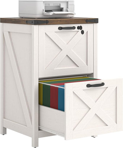 Halitaa 2 Drawer Small File Cabinet with Lock, Farmhouse Vertical Filing Cabinet Fits Letter and A4 Size, Under Desk Wooden File Cabinets for Home Office, Printer Stand, Rustic White