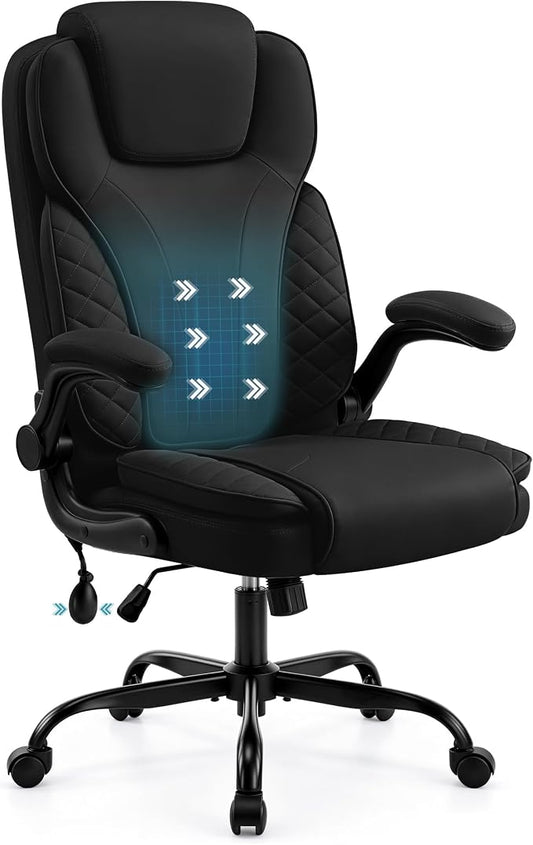 Ergonomic Office Chair, PU Leather High Back Executive Chair with Adjustable Inflatable Lumbar Support and Padded Flip-Up Arms, Recline Swivel Task Computer Chair for Home Office, Black