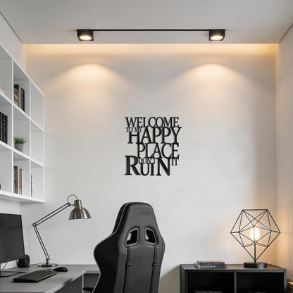 Black Metal Wall Art Funny Bathroom Office Kitchen Bar Garden Living Room Wall Decor for Bedroom Farmhouse Home Decor,Welcome To My Happy Place Don't Ruin It Sign,House Warming Gifts for Women Men