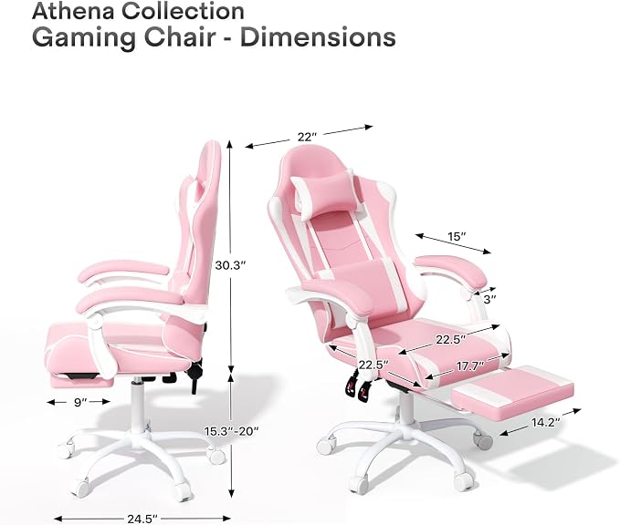 Athena Collection Gaming Chair, Ergonomic Gaming Chair with Footrest & Headrest Lumbar Support, Height Adjustable Swivel Computer Chair Office Chair for Adults (Pink)