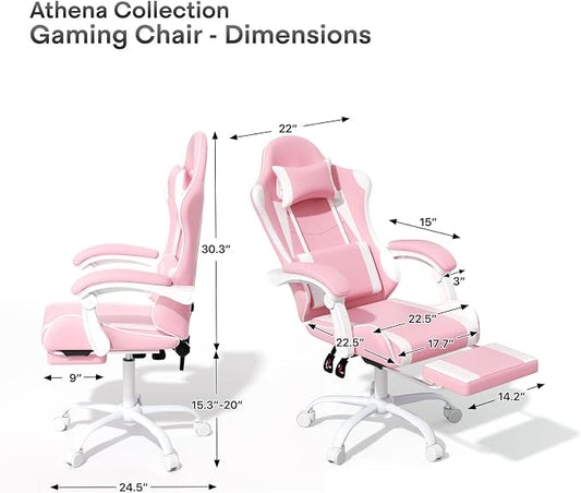 Athena Collection Gaming Chair, Ergonomic Gaming Chair with Footrest & Headrest Lumbar Support, Height Adjustable Swivel Computer Chair Office Chair for Adults (Pink)