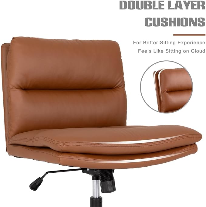 Okeysen Criss Cross Chair with Wheels,Wide Seat Cross Legged Comfy Office Desk Chair, PU Leather Armless Swivel Computer Task Chairs for Home, Office, Vanity, Brown