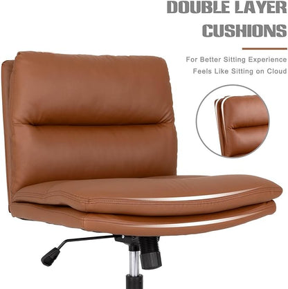 Okeysen Criss Cross Chair with Wheels,Wide Seat Cross Legged Comfy Office Desk Chair, PU Leather Armless Swivel Computer Task Chairs for Home, Office, Vanity, Brown