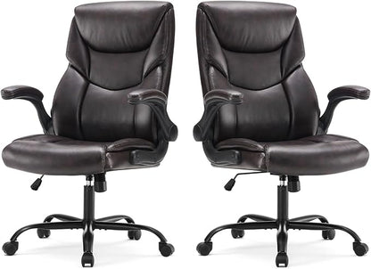 Sweetcrispy Ergonomic Computer Gaming Office Chair Set of 2, Heavy Duty Task Desk Swivel Rolling Chairs with Wheels, Flip-up Arms, Adjustable Height, PU Leather,Dark Brown