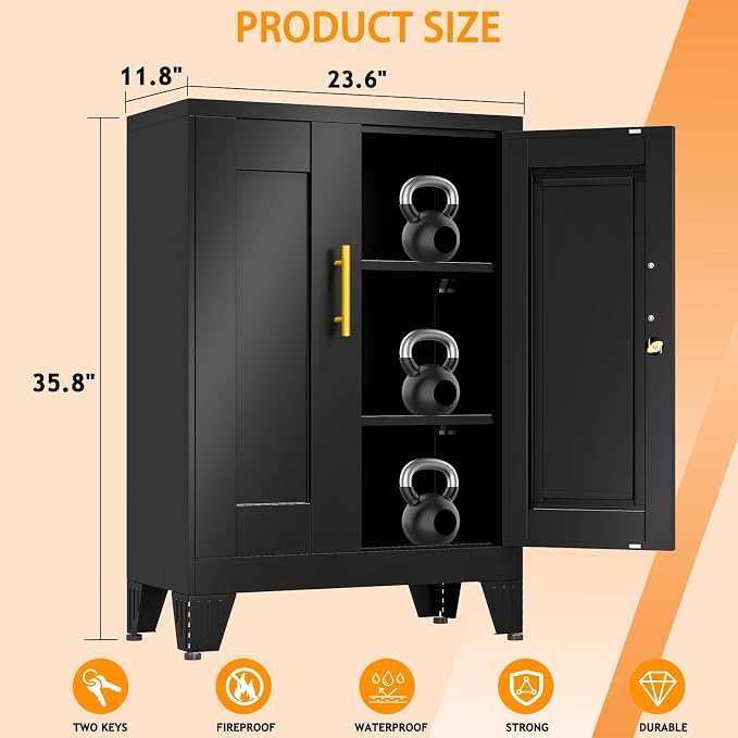 Metal Tool Storage Cabinet with Lock Doors and Adjustable Shelves, Small Locking Garage Storage Cabinet, Black Steel Tool Cabinets with Leveling Feet for Garage, Basement, Office, Utility Room