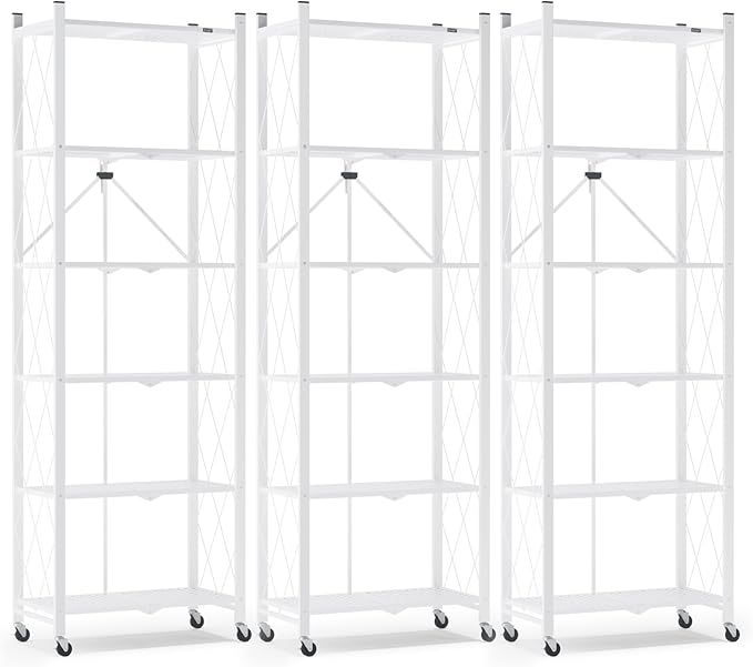 ALANNG 73.6 Inch Folding Bookshelf, 6 Tier Metal Bookcase and Bookshelves, Tall Shelves for Living Room Office Bedroom, Heavy Duty Book Shelve Free Standing Open (White, 3PACK)