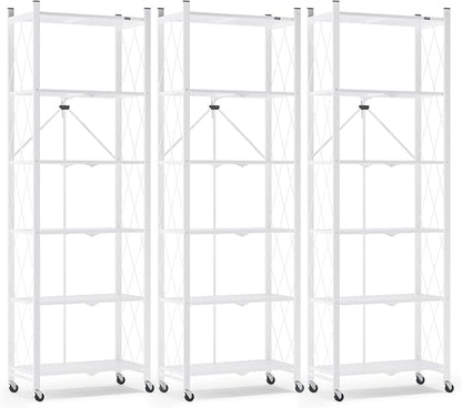 ALANNG 73.6 Inch Folding Bookshelf, 6 Tier Metal Bookcase and Bookshelves, Tall Shelves for Living Room Office Bedroom, Heavy Duty Book Shelve Free Standing Open (White, 3PACK)