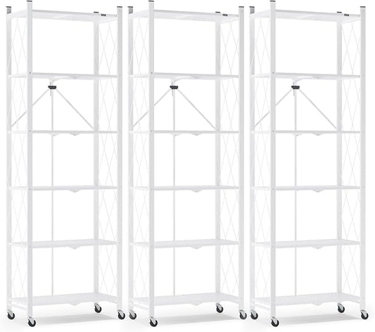 ALANNG 73.6 Inch Folding Bookshelf, 6 Tier Metal Bookcase and Bookshelves, Tall Shelves for Living Room Office Bedroom, Heavy Duty Book Shelve Free Standing Open (White, 3PACK)