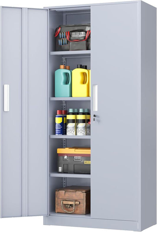 INTERGREAT Garage Storage Cabinet with Lock, 72" Metal Storage Cabinet with Locking Doors and 4 Adjustable Shelves, Lockable Tool Steel Cabinet for Home Office, School, Cement Grey