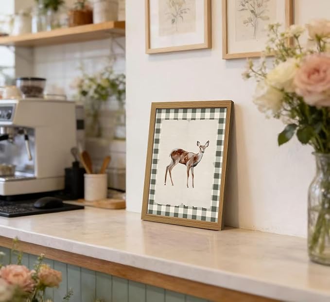 CXQILVER Vintage Framed Deer Wall Art Canvas Painting, Woodland Fawn Prints Wall Decor, Green Gingham Rustic Farmhouse Animal Artwork Pictures for Living Room Bedroom Bathroom Nursery Decor 8x10 Inch
