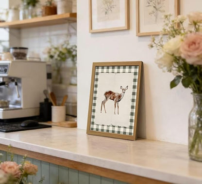 CXQILVER Vintage Framed Deer Wall Art Canvas Painting, Woodland Fawn Prints Wall Decor, Green Gingham Rustic Farmhouse Animal Artwork Pictures for Living Room Bedroom Bathroom Nursery Decor 8x10 Inch