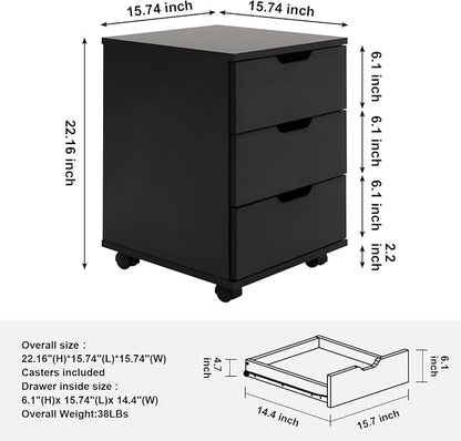 Farini 3-Drawer Vertical Filing Cabinet Rolling Wood Mobile File Cabinets Under Desk for Home Office with Casters,Black,Fully-Assembled