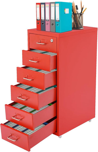 Vertical File Cabinet, 6 Drawers Rolling File Organizer Cabinets with Lock, Heavy Duty Metal Storage Cabinet, Movable Under Desk Filing Cabinet for Office, Study, Dresser (Red)