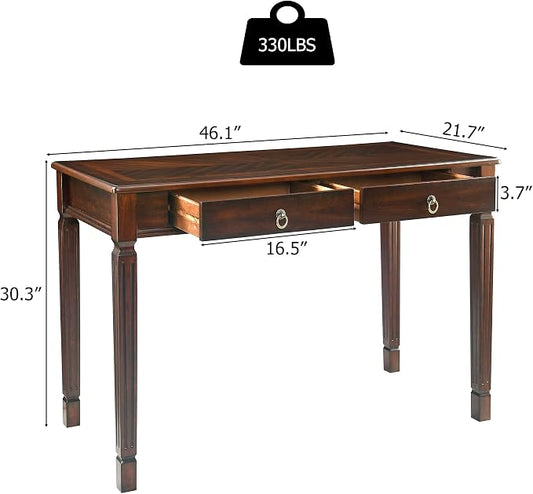 Solid Wood Writing Desk, Home Office Desks with 2 Storage Drawers, 46.1" Mid-Century Modern Walnut Tables, Secretary Desk for Home Office, Easy Assembly Vanity Desk, Study Table Station BSZD1258