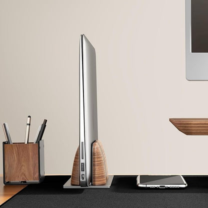 UPERGO Vertical Laptop Stand for Desk, Laptop Holder to Dock MacBook, MacBook Pro and Other Laptops, Black Walnut Wood | Solid Black Walnut Wood & Aluminum, Adjustable 0.79"–1.42", Scratch-Resistant Pads, Anti-Slip Base, Natural Wood Grain