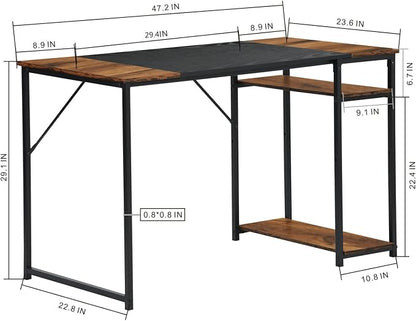 FurnitureR 47.2 inch Study Writing Table with Storage Shelves Space Saving for Home Office, Modern Simple Style PC Metal Frame Computer Desk, Black&Brown