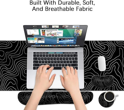 Desk Mat, Large Gaming Mouse Pad with Wrist Rest, 4 in1 XXL Mouse pad+Keyboard Wrist Rest+Mouse Pad Wrist Support+Cup Coaster Set, Ergonomic Desk Pad for Home Office, Topographic Line