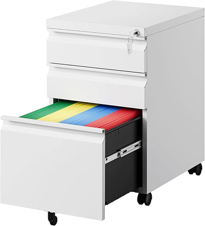 PEUKC 3 Drawers Mobile File Cabinet with Lock, Under Desk Rolling File Cabinet for Home Office, Organizes Letter Legal A4 Files, White(Assembly Required)