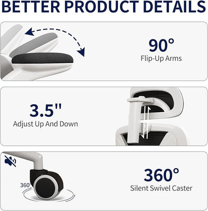 Ergonomic Office Chair - Desk Chair with Adjustable Headrest Lumbar Support Computer Chair - Mesh Comfy Chair with Flip-up Armrests - Gaming Chairs for Adults Home Office 330 LBS (White+Black)
