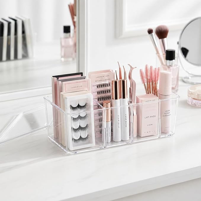 Lash Tray Organizer, 4-Compartment Acrylic Makeup Organizer, Eyelash Case for Lash Cart Use, Clear Eyelash Extension Supplies Storage Holder, Desktop Display for Salon Vanity Desk, Beauty Studio