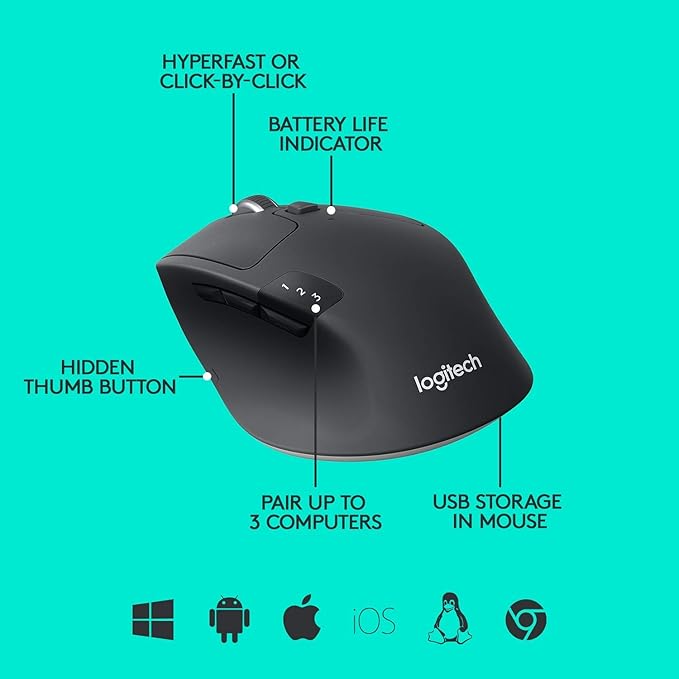 Logitech M720 Precision Pro Wireless & Bluetooth Mouse, 1000 DPI Optical Mouse, Hyper-Fast Scrolling Dual-Connectivity for Multi-Devices 910-005592 (Renewed)